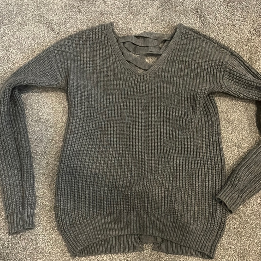 Gray Knit Sweater with Lace Up Back